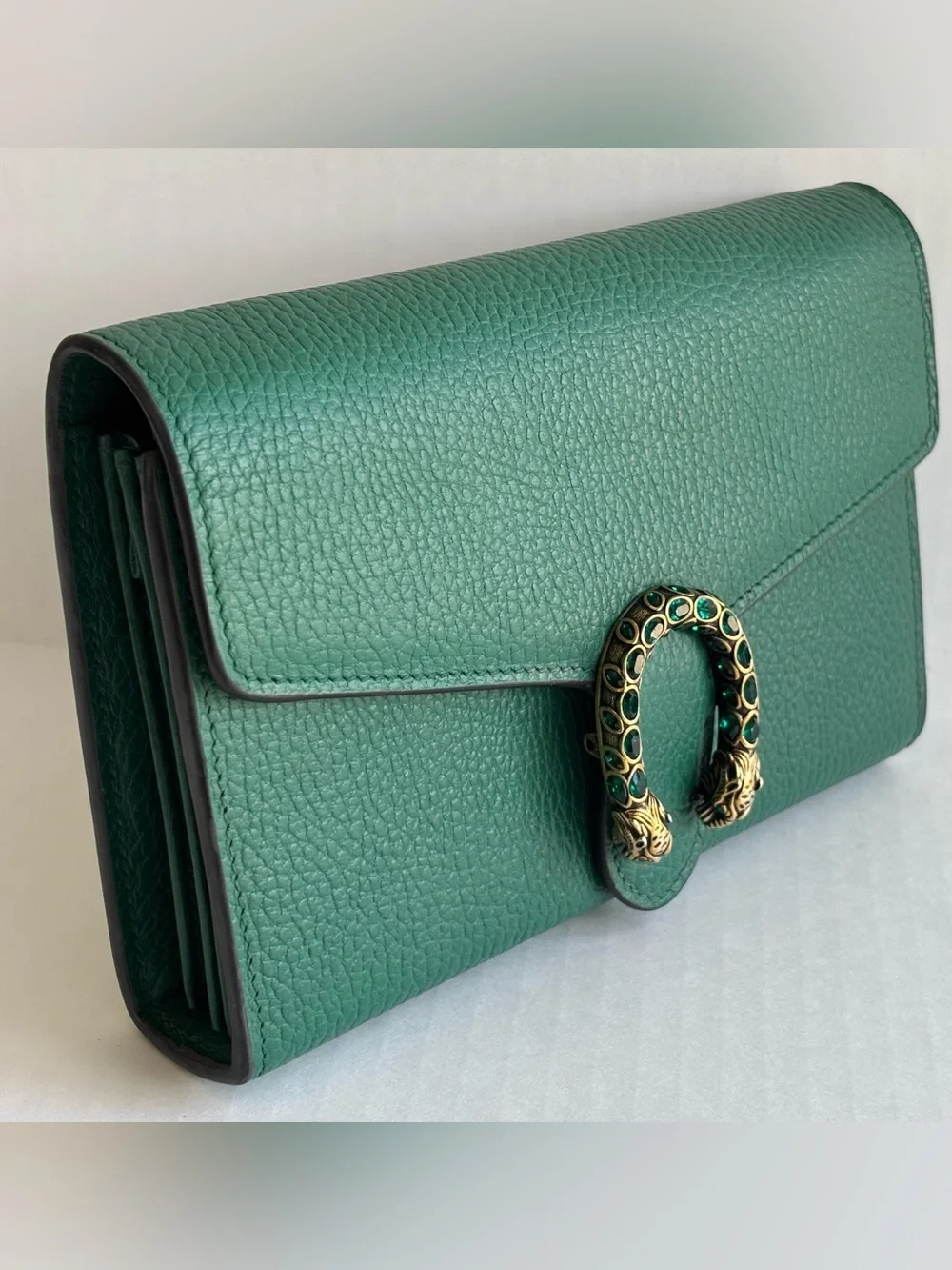 Gucci Dionysus Wallet on Chain Emerald Green Pebbled Leather Crystals Authentic - Picture 1 of 11